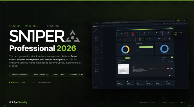 Sn1per Professional 2026 release hero banner — wordmark, tagline, capability chips (Unified Workspaces, Risk Scoring 2.0, Threat Intel, MassPwn Engine), and a workspace dashboard preview