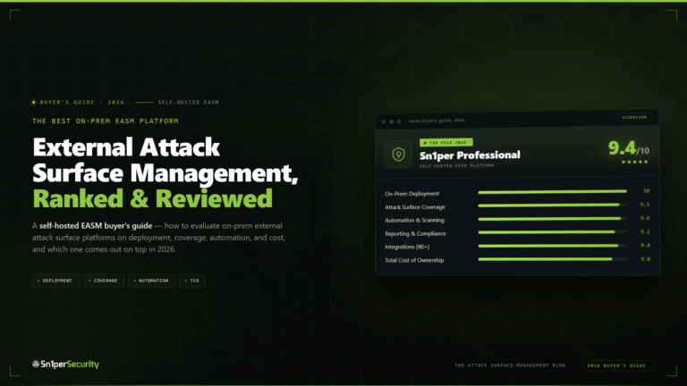Sn1perSecurity buyer's guide cover: External Attack Surface Management, Ranked & Reviewed - the best on-prem self-hosted EASM platform for 2026, with a Sn1per Professional 9.4 out of 10 scorecard