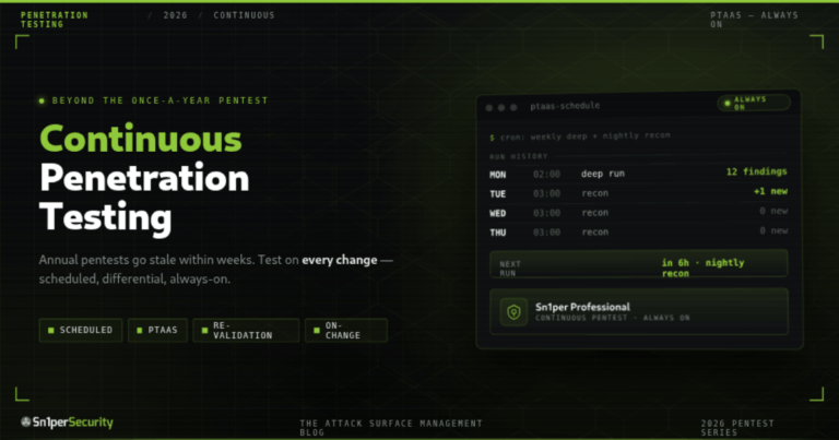 Sn1perSecurity guide cover: Continuous Penetration Testing - always-on PTaaS, scheduled recurring tests and re-validation with Sn1per, beyond the annual pentest