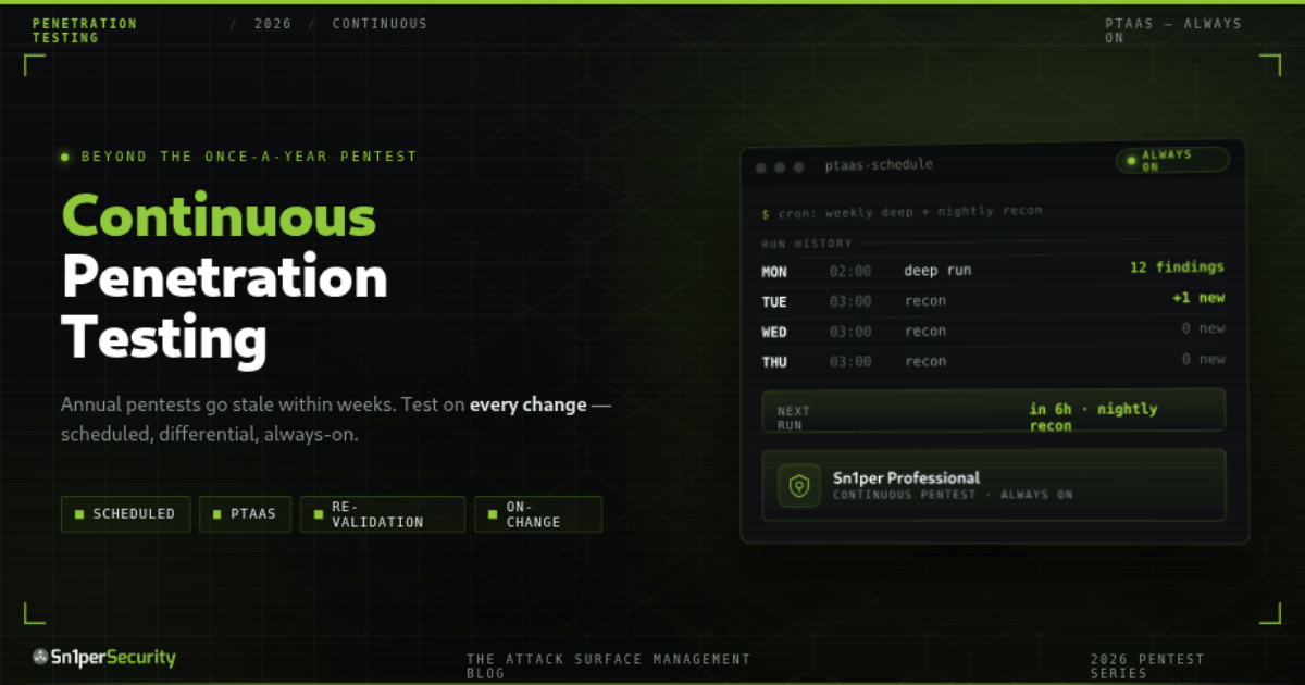 Sn1perSecurity guide cover: Continuous Penetration Testing - always-on PTaaS, scheduled recurring tests and re-validation with Sn1per, beyond the annual pentest