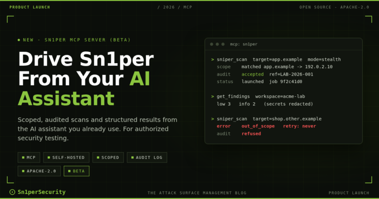 Sn1per MCP Server launch cover: an AI assistant's scan request is accepted for an in-scope lab target and refused for an out-of-scope one