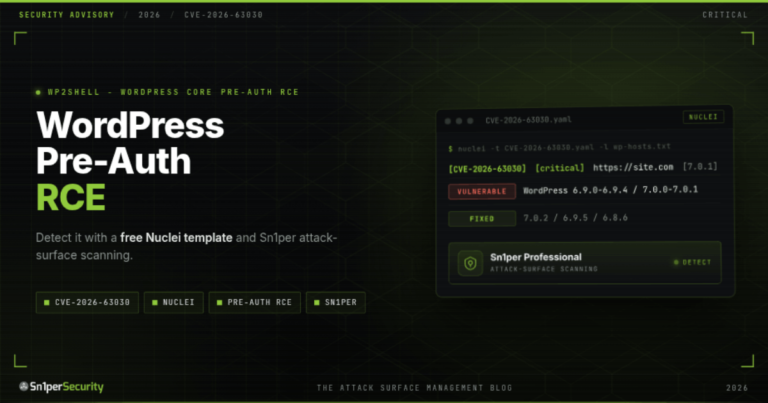 Sn1perSecurity advisory cover: wp2shell (CVE-2026-63030) unauthenticated pre-auth RCE in WordPress Core, with a Nuclei detection template and Sn1per attack surface detection