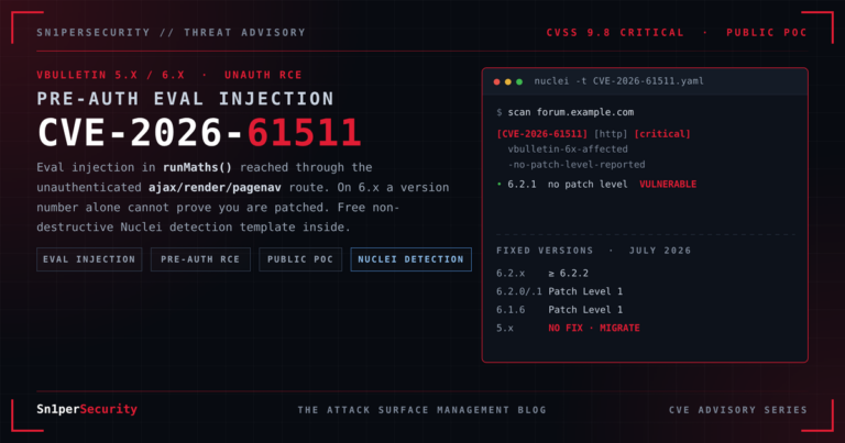 Sn1perSecurity advisory cover: CVE-2026-61511 unauthenticated eval injection RCE in vBulletin runMaths, with a Nuclei detection template and Sn1per attack surface detection