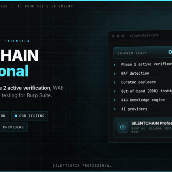 SILENTCHAIN Professional product cover: AI-powered Burp Suite extension with Phase 2 active verification, WAF detection, out-of-band testing, 200+ payloads, RAG knowledge engine and 10 AI providers