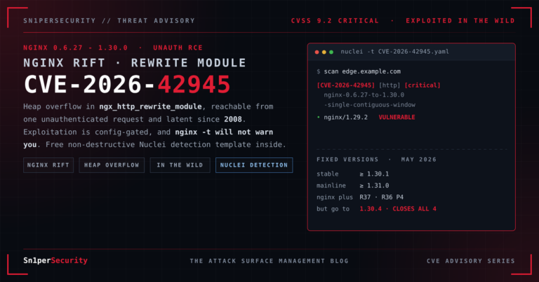 Sn1perSecurity advisory cover: CVE-2026-42945 NGINX Rift heap buffer overflow in the rewrite module, with a non-destructive Nuclei detection template and Sn1per attack surface detection